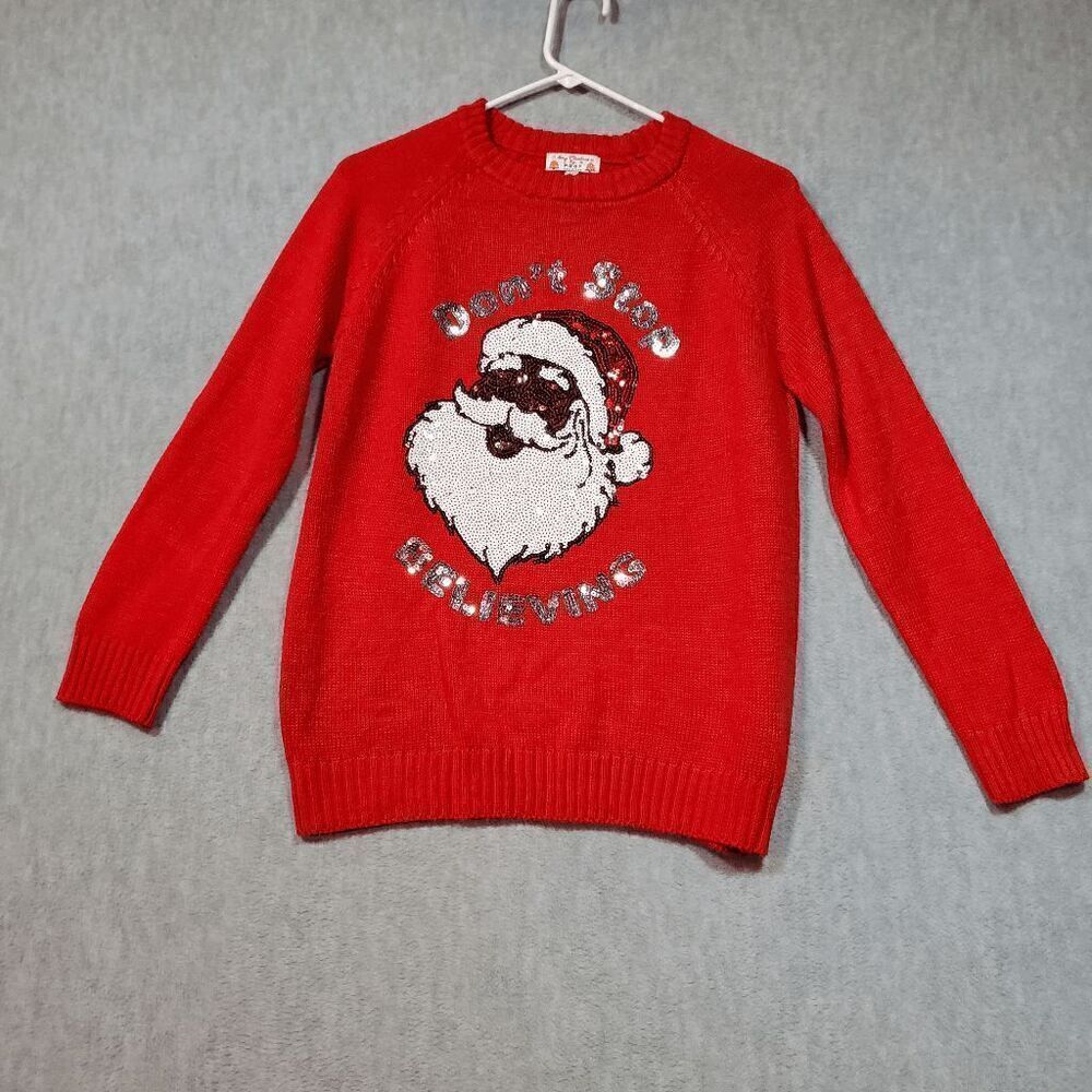 POOF Sweater Womens Small Red Sequin Santa Merry Christmas Don't Stop Believing